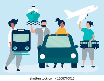 People holding different transportation icons