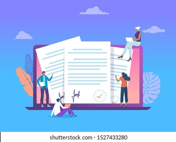 People holding document and standing next to big laptop and paper contract, online document, vector illustration concept, 
can use for, landing page, template, ui, web, homepage, poster, banner, flyer