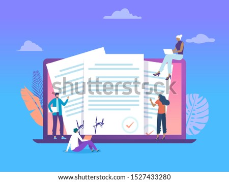 People holding document and standing next to big laptop and paper contract, online document, vector illustration concept, 
can use for, landing page, template, ui, web, homepage, poster, banner, flyer