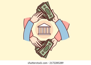 People holding dollar banknotes making financial operations through bank. Hands with money bills transfer or transaction. Economy concept. Vector illustration. 