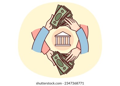Menschen, die Dollarbanknoten halten und Finanzgeschäfte über Banken tätigen. Hands mit Geldwechsel oder Transaktion. Wirtschaftskonzept. Vektorgrafik.