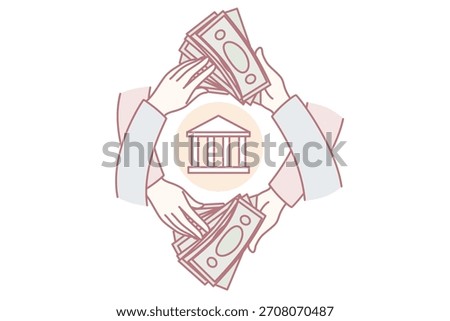 People holding dollar banknotes making financial operations through bank. Hands with money bills transfer or transaction. Economy concept. Vector illustration.