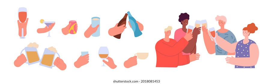 People holding drinks. Hands with drink, friends clinking glasses. Hand hold can or bottles, teens celebrate with beverage utter vector set