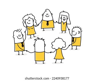 People holding each others hand. Teamwork concept. Stick figure. Doodle style. Vector illustration.