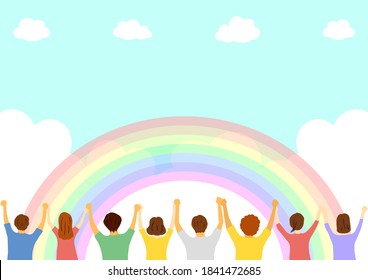 people holding each other's hands. hand in hand  rainbow sky