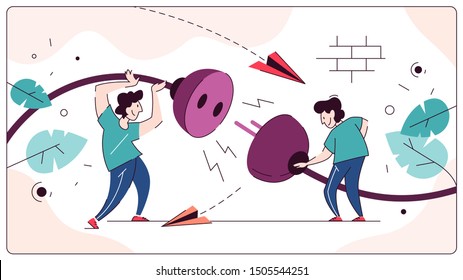 People holding electric plug and socket, idea of connection. 404 page not found banner design. Flat vector illustration