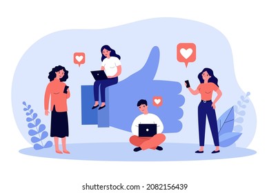 People holding electronic device and liking photos, posts and comments. Modern characters scrolling networks flat vector illustration. Social media concept for banner, website design, landing web page