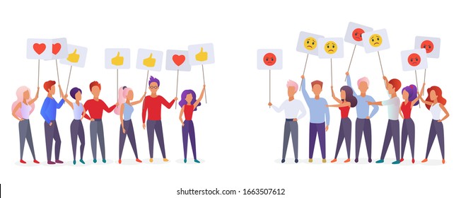 Gente sosteniendo emociones emojis afiches ilustraciones vectoriales planas. Concepto de satisfacción social y estratificación. Grupos comunitarios protestan y expresan sus sentimientos
