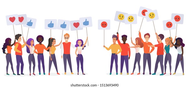 People holding emoji posters flat vector illustration. Social satisfaction and stratification concept. Community groups protesting and expressing feelings cartoon characters isolated on white