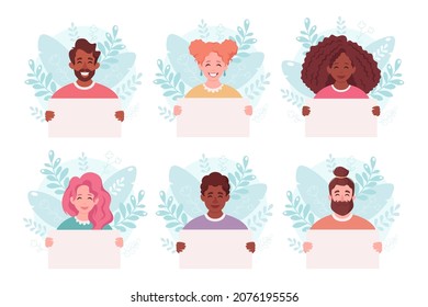 People holding empty banner. Smiling people with empty placard. Vector illustration