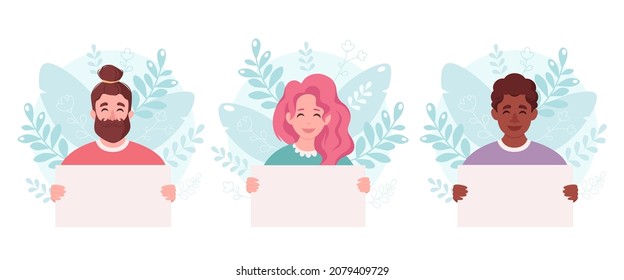 People holding empty banner. Smiling people with empty placard. Vector illustration