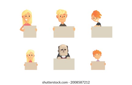 People Holding Empty Blank Banners Set, Funny Cheerful Persons Showing Empty Signboards Cartoon Vector Illustration