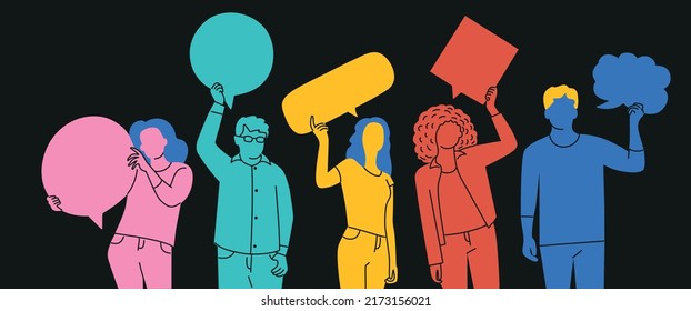 People are holding empty placards. Vector flat cartoon characters isolated on black background.