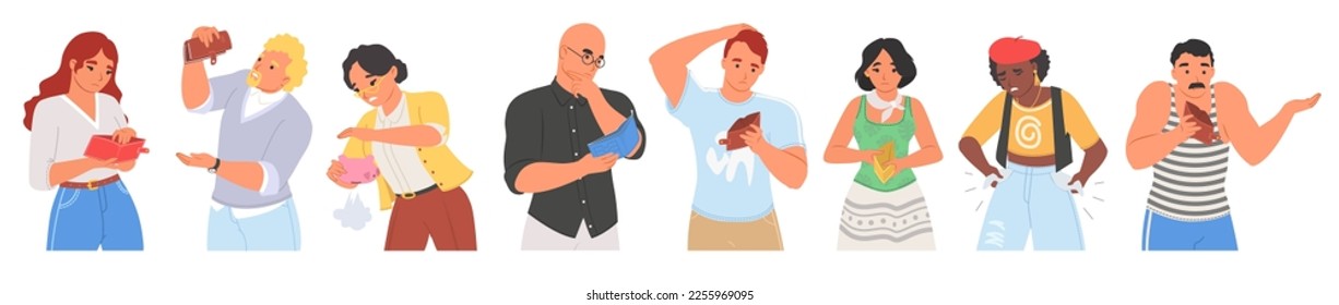 People holding empty wallets isolated vector set. Poor men and women have no money suffering from financial problems, poverty and bankruptcy illustration