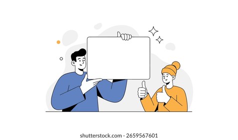 People holding empty white board for presentation and message displaying teamwork and communication ideas