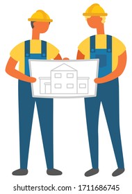 Personas con planes de ingeniería y gráficos vectores, personajes aislados con uniformes. Hombre con pedazo de papel e información sobre construcción