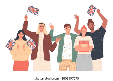 People holding English flags. Studying English. Language school. Travel or education.