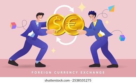 People holding euro and dollar coins. Foreign currency exchange. Global stock market. Money exchange. Savings or income increase, growth. financial institution abstract metaphor. vector illustration.