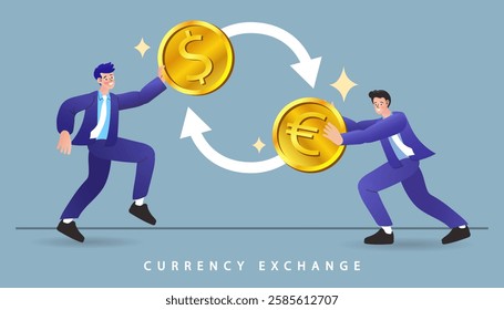 People holding euro and dollar coins. Foreign currency exchange. Global stock market. Money exchange. Savings or income increase, growth. financial institution abstract metaphor. vector illustration.