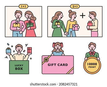 People holding event gift boxes and gift certificates. Cute character logo. flat design style vector illustration.