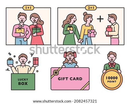 People holding event gift boxes and gift certificates. Cute character logo. flat design style vector illustration.