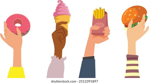 
People Holding Fast Food Snacks Vector Cartoon Illustration. Happy hour at a fast-food restaurant
