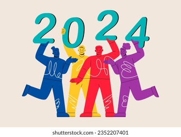 People holding festive 2024 numbers for new year celebration. Colorful vector illustration 
