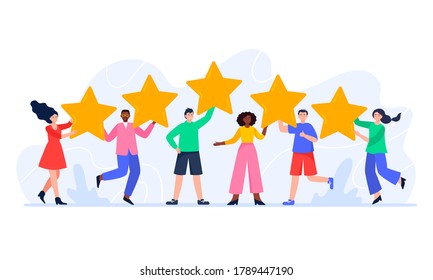 People are holding five stars and giving positive feedback. Happy clients evaluating app, product, service. Feedback consumer, customer review evaluation. Trendy vector flat illustration.