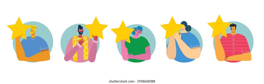 People are holding five stars and giving positive feedback. Happy clients evaluating app, product, service. Feedback consumer, customer review evaluation. Trendy vector flat illustration.