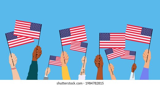 People holding the Flag of the USA. America celebrate 4th of July. Vector of US Memorial Day celebration background banner or greeting card