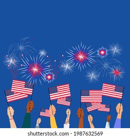 People holding the Flag of the USA and fireworks.  America celebrate 4th of July. Vector of US Memorial Day celebration background banner or greeting card with empty space on top
