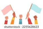 People holding flags on protest demostration or picket. People against violence, discrimination, human rights violation.