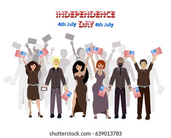 People holding flags in their hands. Celebrate independence. Illustration for your design. Fourth of July. Independence Day
