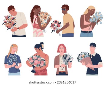 People holding flower bouquets. Cartoon characters with beautiful flowers, florists with plant compositions, holiday gifts, men and women celebration birthday, give and receive tidy vector set