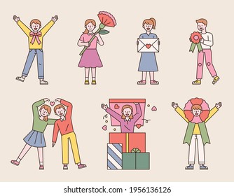 People holding flowers and gifts to celebrate the anniversary. flat design style minimal vector illustration.