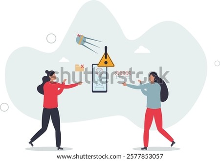 people holding folder and road barrier, antenna with exclamation mark on mobile phone screen.flat characters.