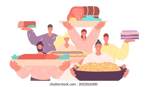 People holding food. Group with festive meals, restaurant team. Waiters, lunch or dinner time. Adults cooking, tasty dishes utter vector concept