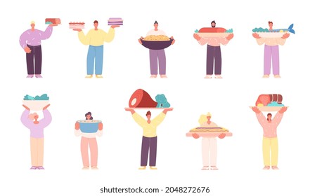 People holding food. Person with festive meal, cooking woman man. Isolated chefs, home delicious meals. Holiday dinner utter vector characters