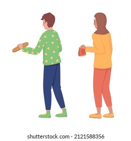 People holding food semi flat color vector character set. Stand from back figure. Full body people on white.Store isolated modern cartoon style illustration for graphic design and animation collection