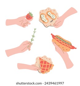 People holding food in their hands, top view. Piece of pie, fruit, snack, hot dog, in hand.