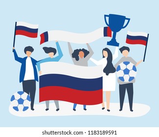 People holding football championship and Russian flag illustration