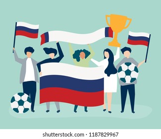 People holding football championship and Russian flag illustration