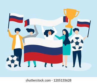 People holding football championship and Russian flag illustration