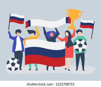 People holding football championship and Russian flag illustration