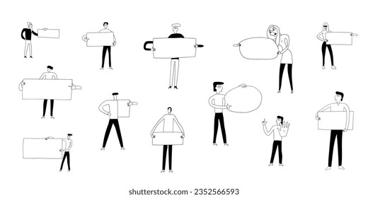 people holding frames vector characters set , hand drawn doodle collection