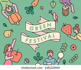  People are holding fresh local vegetables and fruits. Pattern composition. Festival invitation poster. flat design style minimal vector illustration.