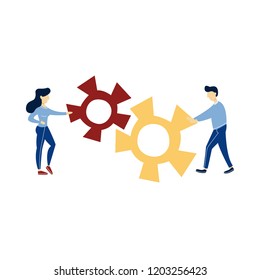 People holding gear cog and work in team. Idea of teamwork and business process. Isolated flat vector illustration