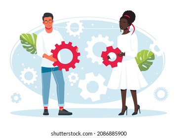 People holding gears from large mechanism, small people links of mechanism, business mechanism, abstract background with gears, people engaged in business promotion, strategy analysis, communication