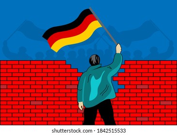 People holding German flags separated by a wall. Concept for the union of West Germany and East Germany. Fall of the berlin wall