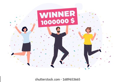 People holding giant check. Winning  ticket. You are winner.  Bib win lottery. Vector illustration